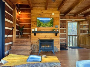 A cozy cabin interior with a fireplace, wooden walls, a mounted TV, and a view of the outdoors. - Cabin Retreat Between Marshall and Hot Springs! Firepit, Creek, Pure Bliss! (Marshall)