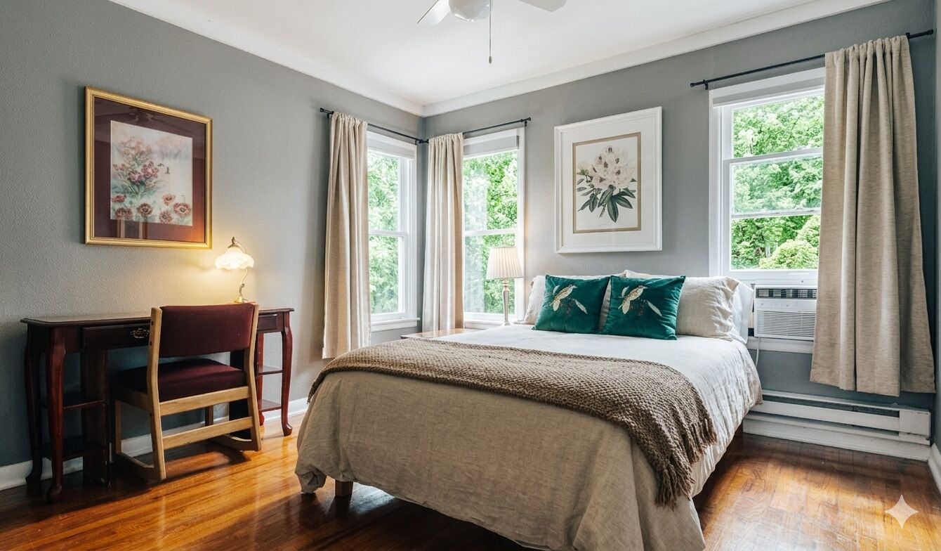 2 habitaciones, escritorio y tabla de planchar con plancha 