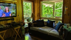 Een gezellige kamer met een televisie, houten wanden, een bank en een raam met uitzicht op bomen.
