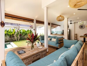 Villa, 3 Bedrooms, Smoking, Private Pool | Living area - Villa Umara Seminyak Sun, Sand & Style: 5-min Walk to Beach! (Seminyak)
