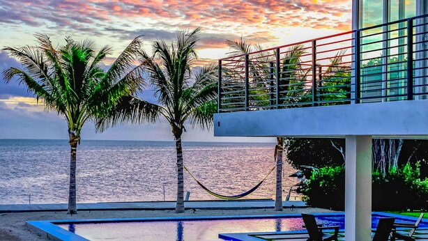 Ein modernes Gebäude mit Pool und Palmen, mit Blick auf den Ozean.