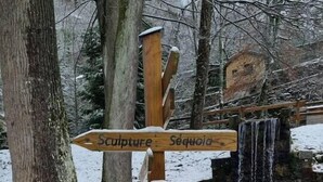 Ein hölzernes Wegweiser mit mehreren Hinweisschildern in einer verschneiten Winterlandschaft.