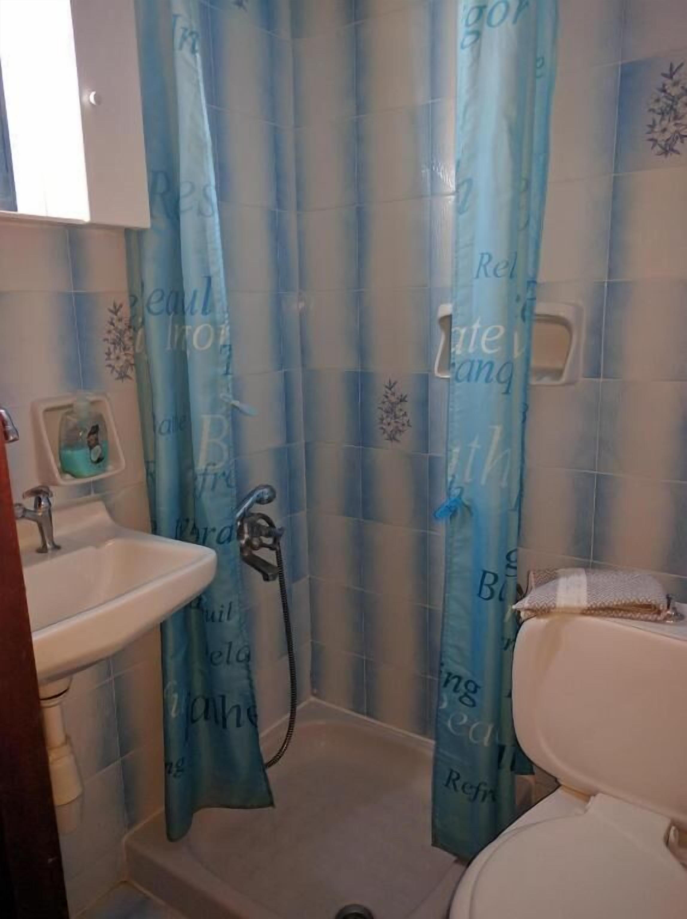 Un baño con cortina de ducha, lavamanos e inodoro.