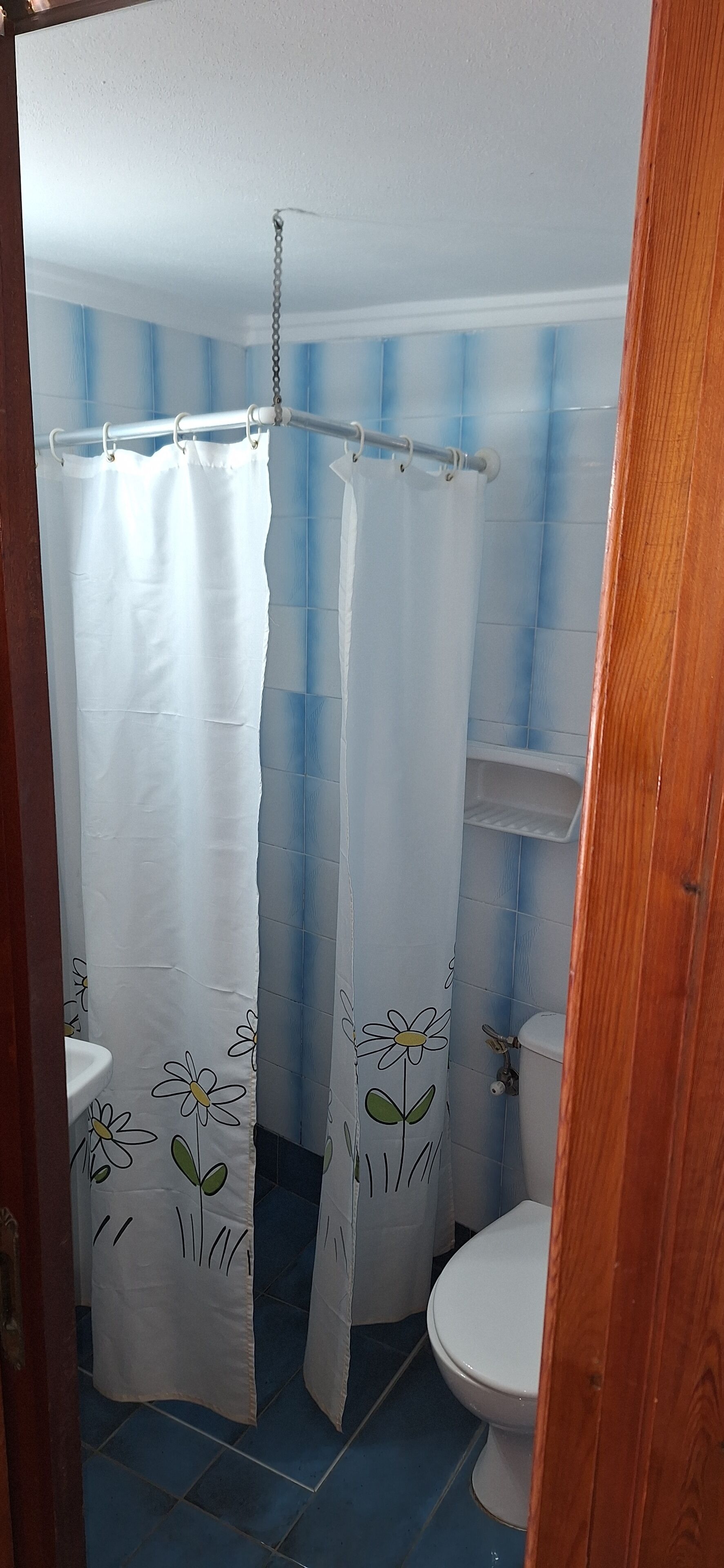 Um banheiro com cortina de chuveiro estampada com motivos florais, vaso sanitário e pia.