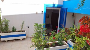 Een kleine tuin met verschillende potplanten en bloemen, een witte bank en een blauwe deur die naar een binnenruimte leidt.