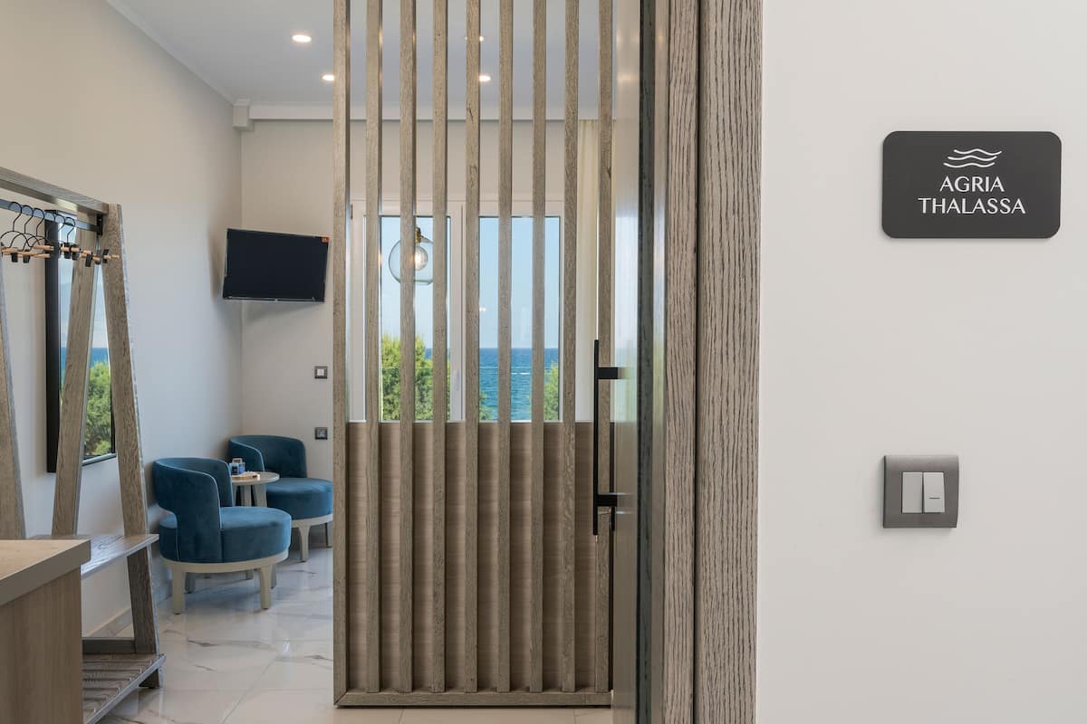 A modern room with a large window, a TV, and a sign that reads "AGRIA THALASSA".