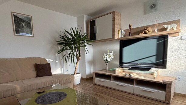 Ein modernes Wohnzimmer mit einem beigefarbenen Sofa, einem Glastisch, einem großen Flachbildfernseher, einer Topfpflanze und einer Holz-Multimöbel-Anordnung.