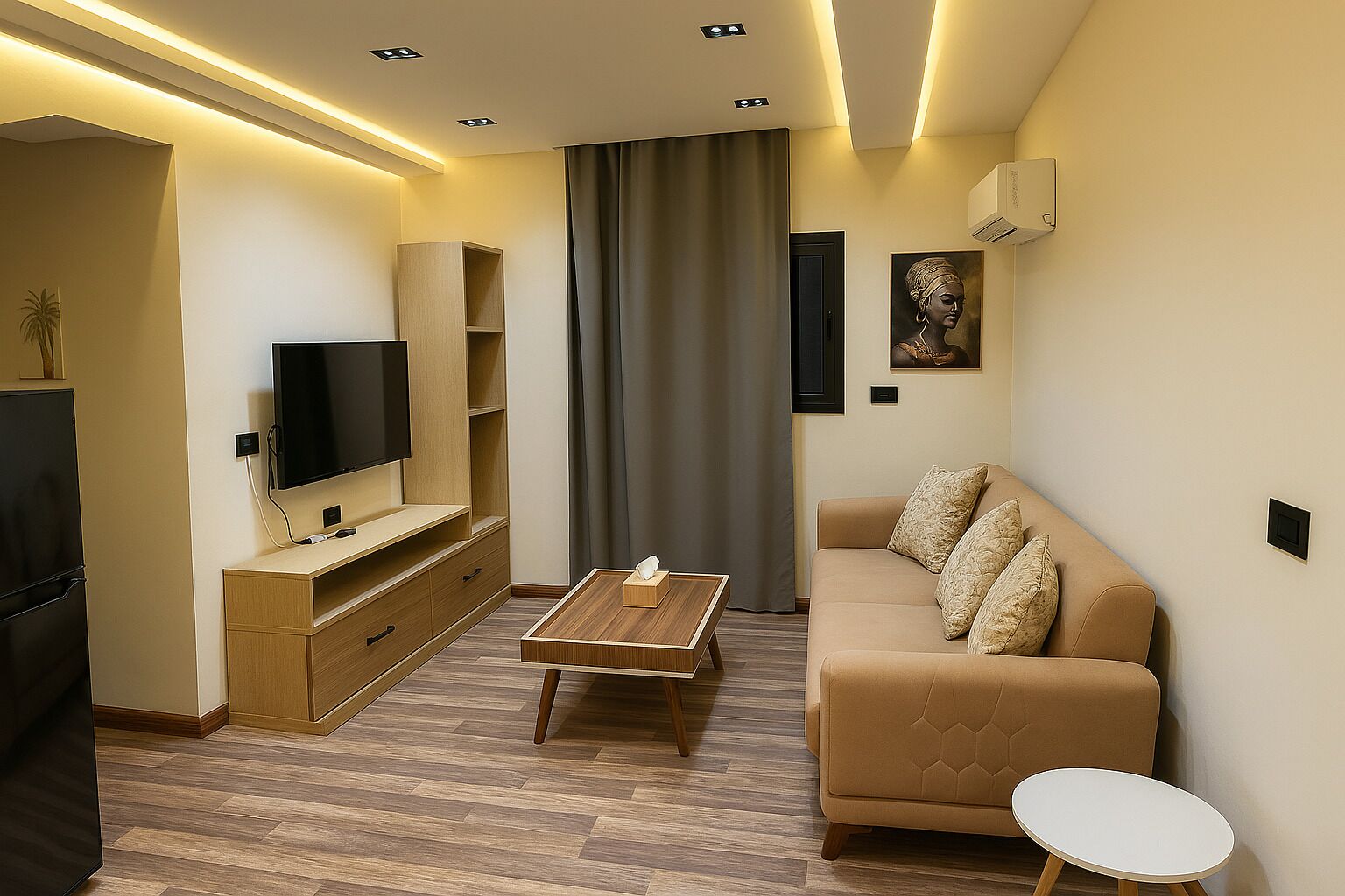 A modern living room with a flat-screen TV, wooden entertainment unit, beige sofa, and a small round table.