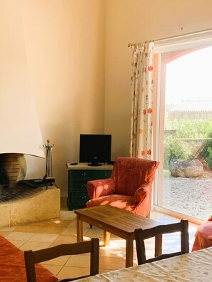 Una sala de estar con chimenea, televisor, sofá y una mesa.