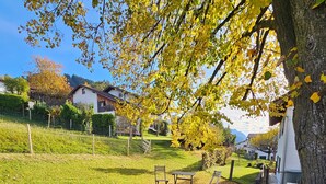 A garden with a sandbox, a playhouse, and a tree. - 4-star Ott vacation apartment - with separate garden - at the foot of the Buchenberg (Halblech)
