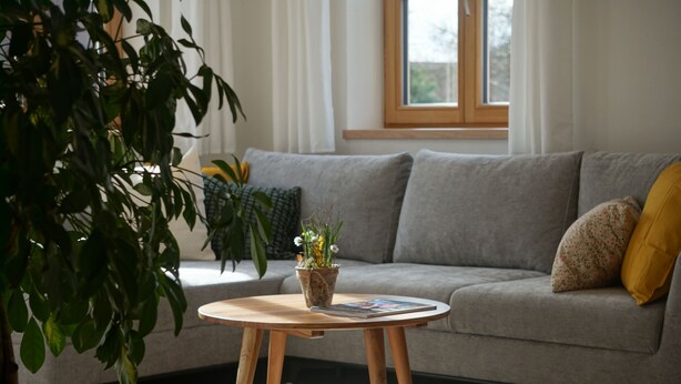 A living room with a grey sofa, a round wooden coffee table, and a potted plant. - 4-star Ott vacation apartment - with separate garden - at the foot of the Buchenberg (Halblech)