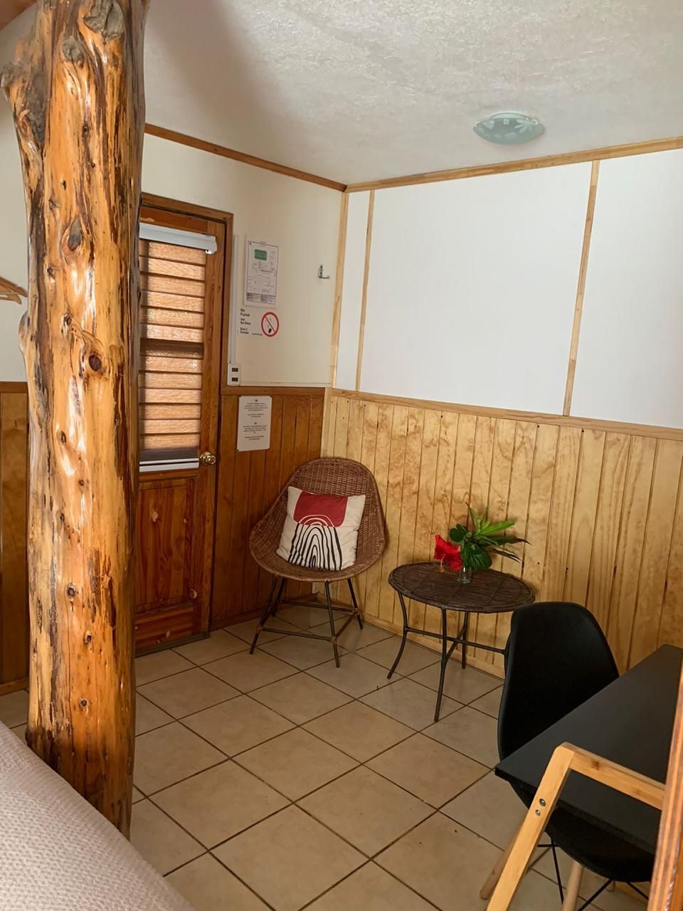 A small, cozy room with a wooden door, a wicker chair, a small table with a plant, and a black chair.
