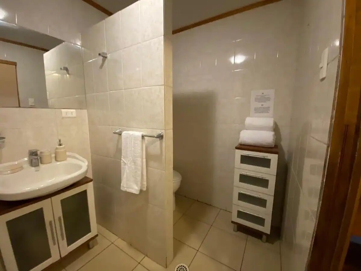 Un baño con ducha, inodoro y lavabo.