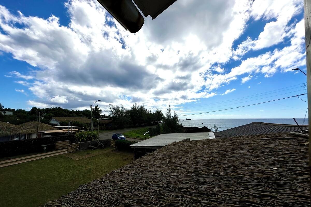 A coastal view with a thatched roof structure, a road, and a distant ship on the water.