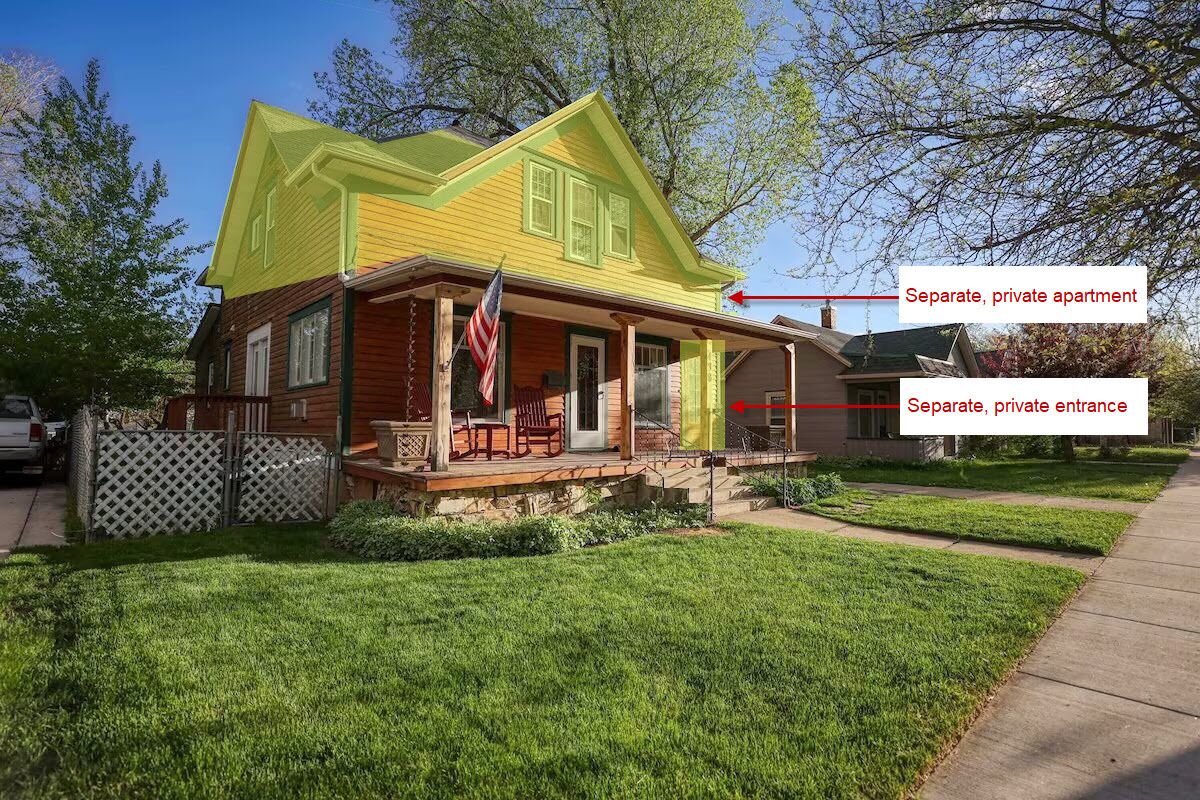 A two-story house with a separate private entrance and apartment.