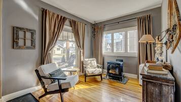 Smart TV, fireplace, books