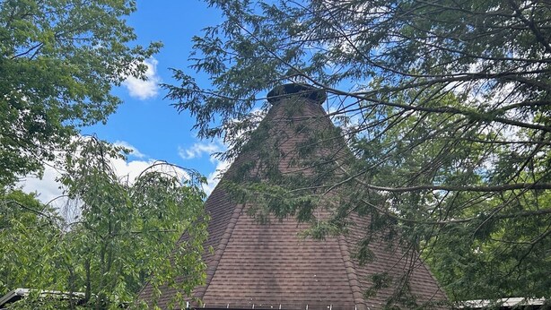 Un edificio con un tetto a cono, un ingresso lastricato e vegetazione circostante.