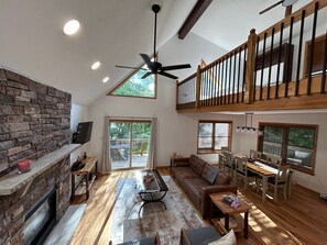 Smart TV, fireplace, books