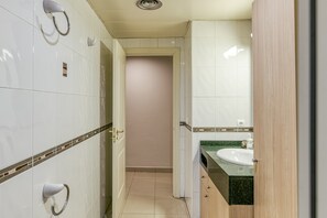 Chuveiro, secador de cabelo, toalhas de banho 