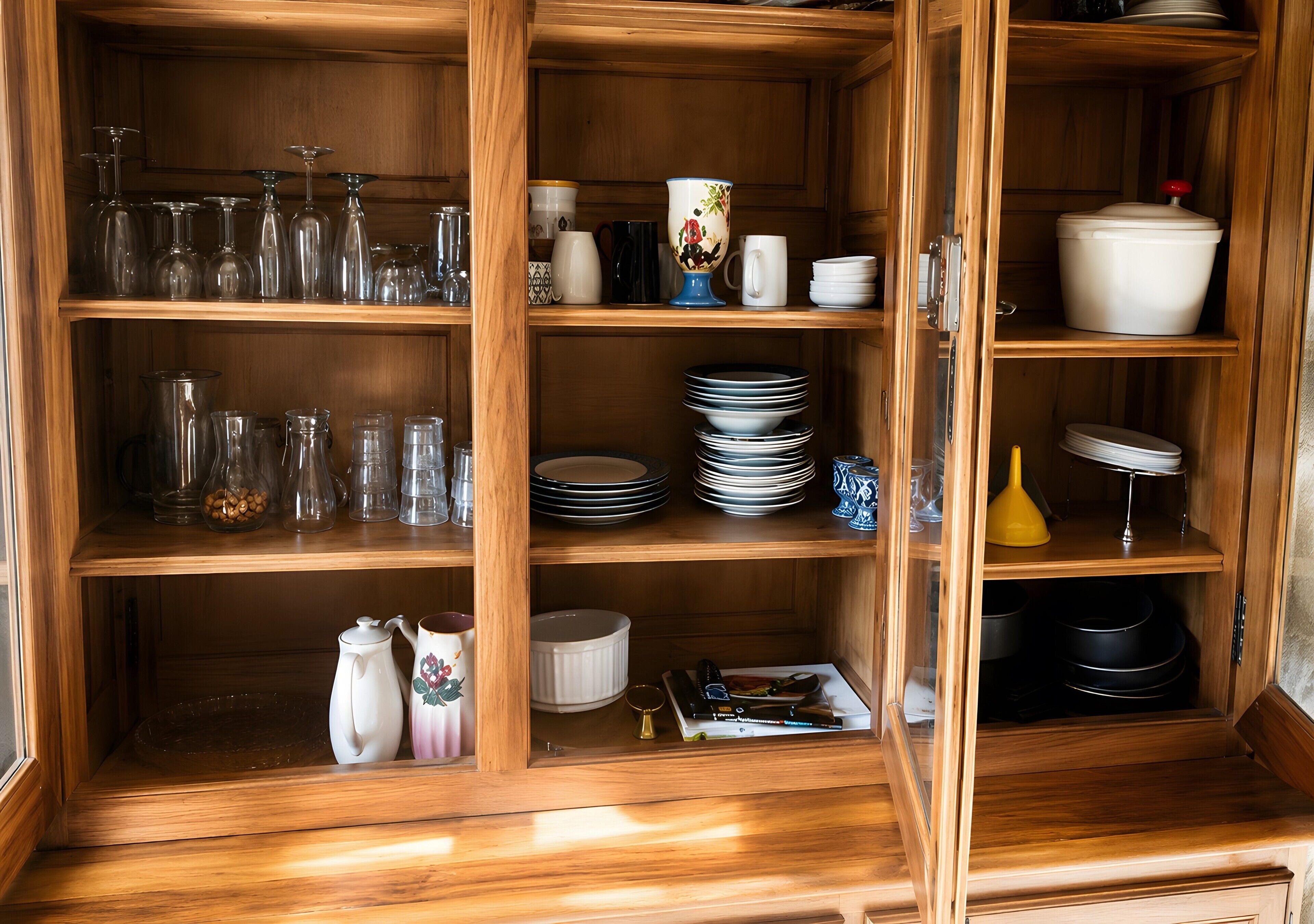 Un buffet en bois doté de plusieurs étagères contenant de la verrerie, des assiettes et des ustensiles de cuisine.