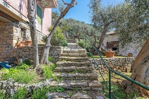 Un escalier en pierre mène à un bâtiment dont le mur est également en pierre et qui est agrémenté de plantes en pot.