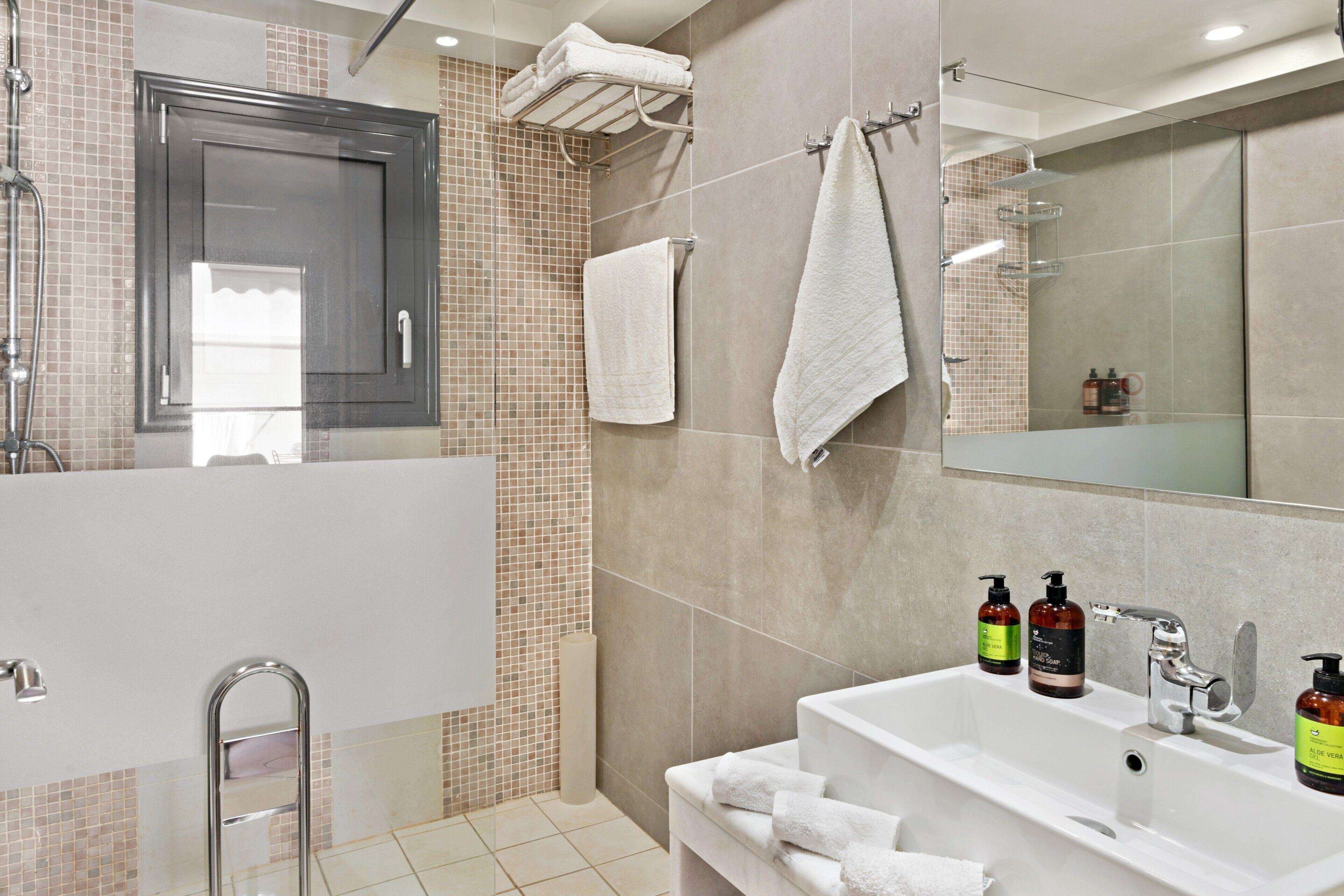 Shower, hair dryer, towels