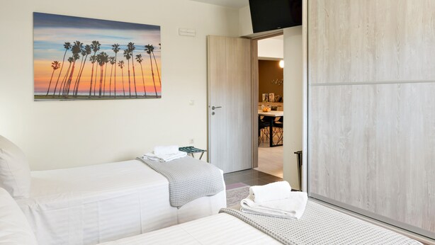 A hotel room with two beds, a painting of palm trees at sunset, a television, and a wardrobe. - Apartment "Theo and Ms Luxurious" with Private Terrace & Wi-Fi (Kos)