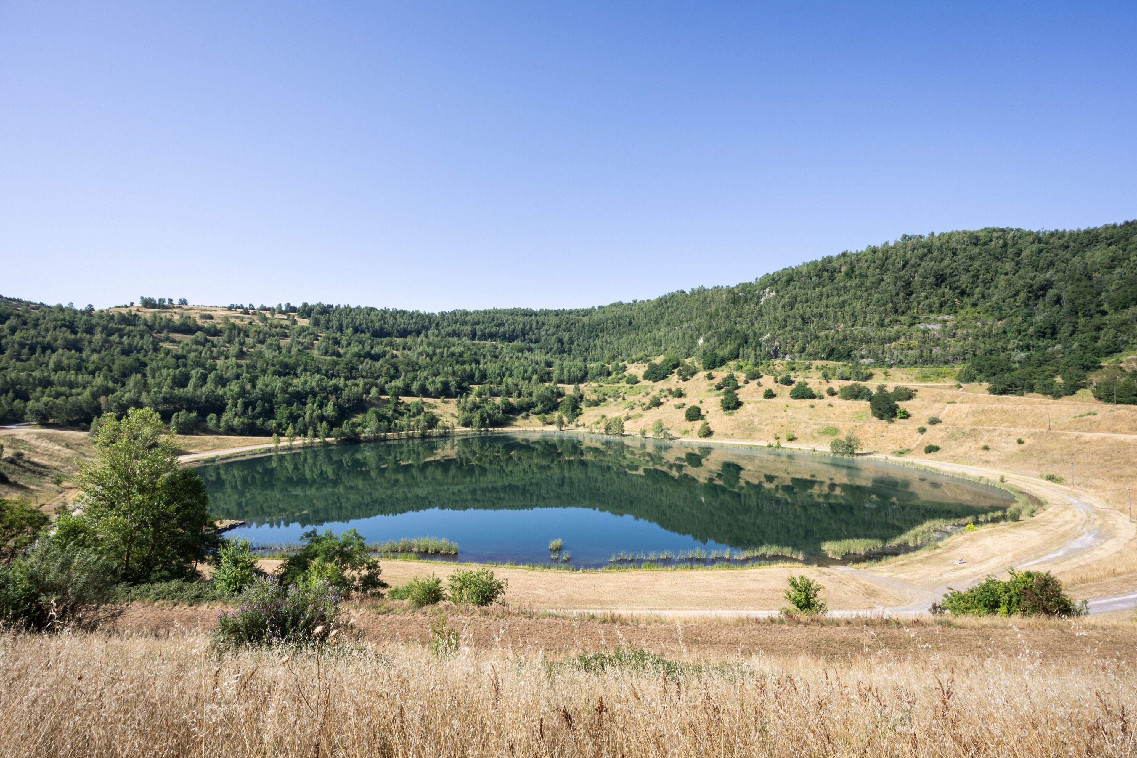 A lake surrounded by forested hills, a dirt path, and dry grass.