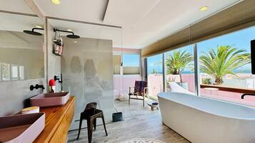 Shower, hair dryer, towels