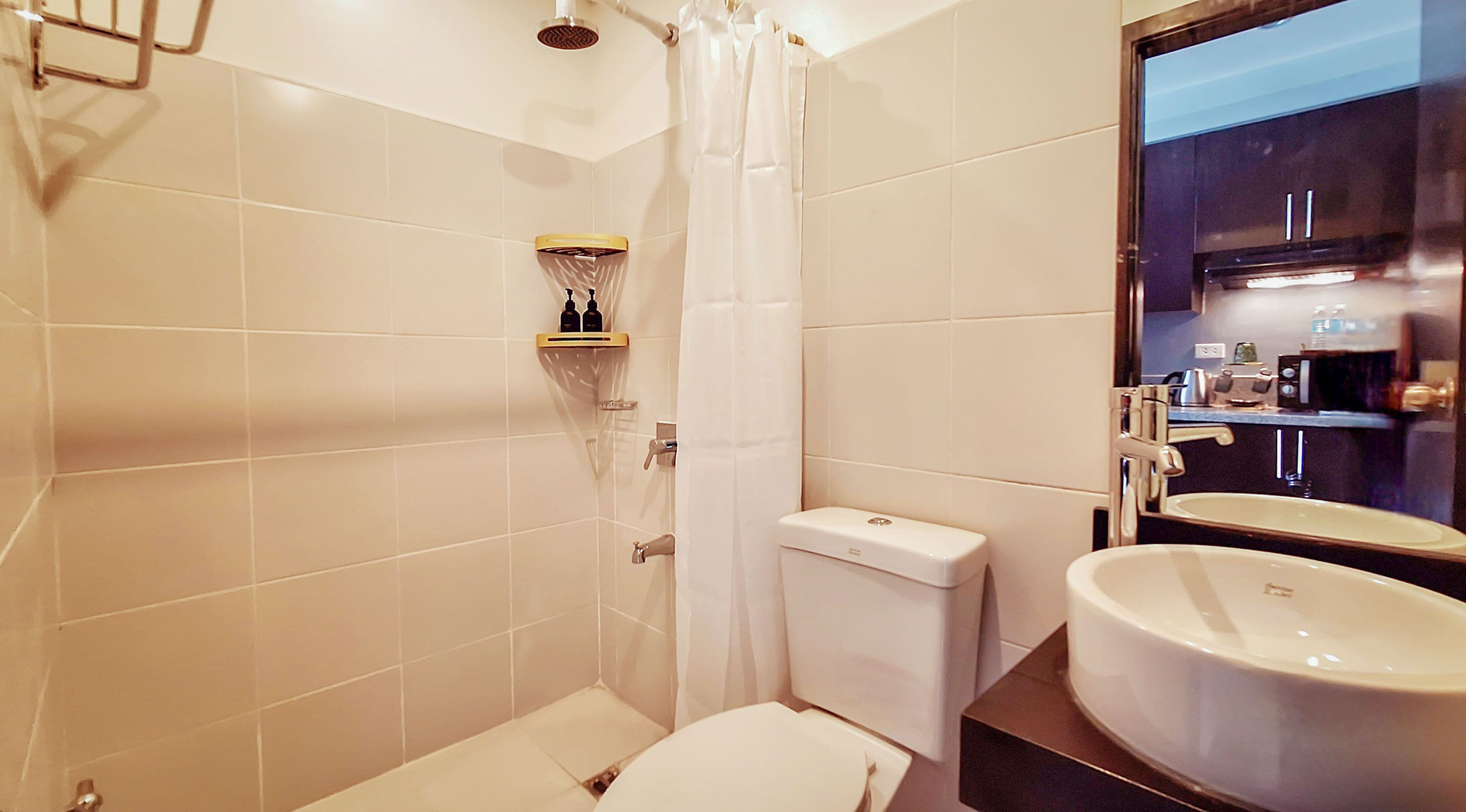 Shower, bidet, towels, soap