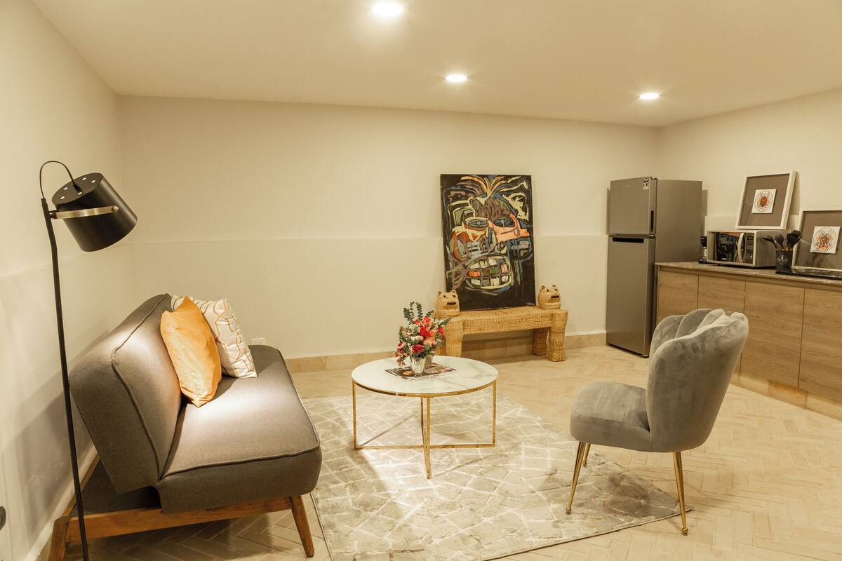 Una sala de estar moderna con un sofá, una mesa de centro, una silla y una zona de cocina con refrigerador y microondas.