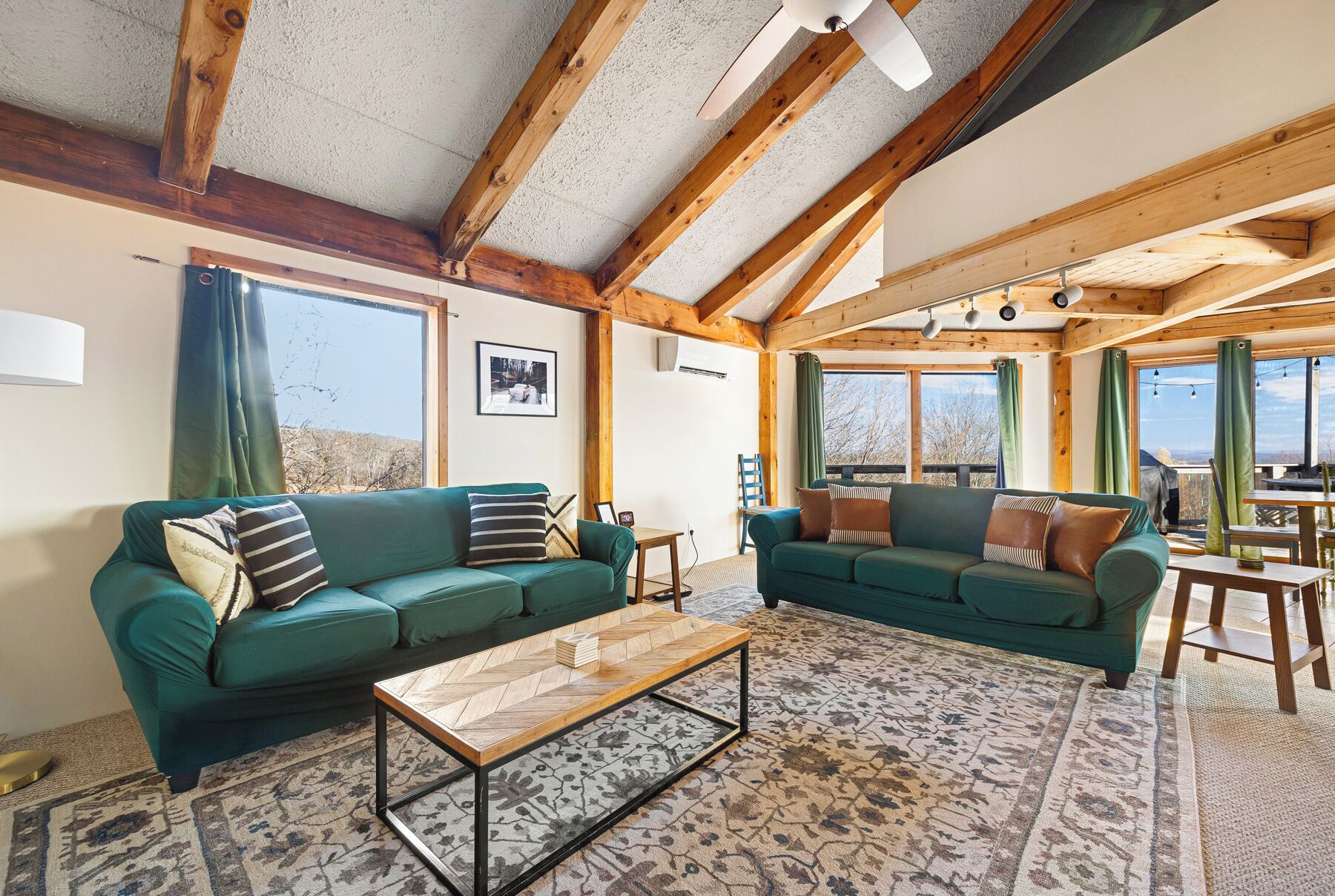 A cozy living room with two green sofas, a wooden coffee table, and a patterned rug.