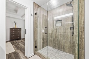 Shower, towels, soap, shampoo