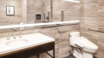 Hair dryer, bidet, towels, soap