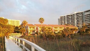 Un hotel frente al mar con un paseo marítimo blanco que conduce a los edificios, rodeado de palmeras y una playa de arena.