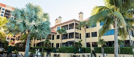 Un hôtel doté d’une piscine, de palmiers et d’un immeuble à plusieurs étages avec des balcons.