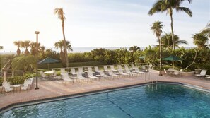 A pool area with lounge chairs and umbrellas, surrounded by palm trees and a view of the ocean.