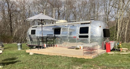 Archie the Airstream in the New River Gorge National Park beside local Brewery