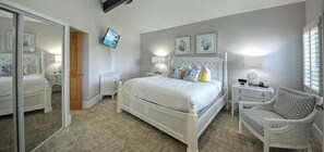 A bedroom with a bed, bedside tables, a TV, and a chair.