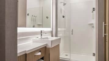 Shower, rainfall showerhead, towels, soap