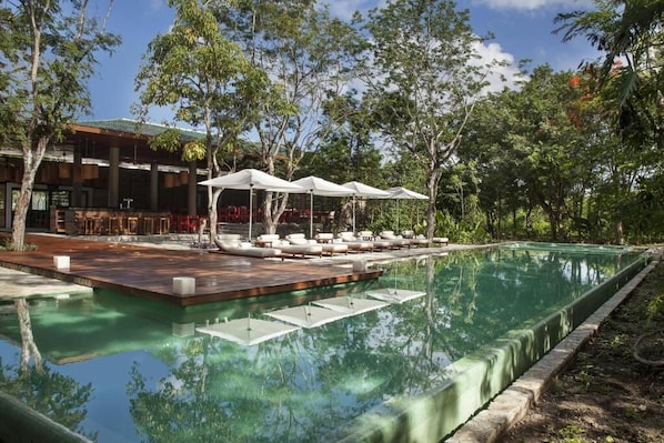 A swimming pool with lounge chairs and umbrellas, surrounded by trees.