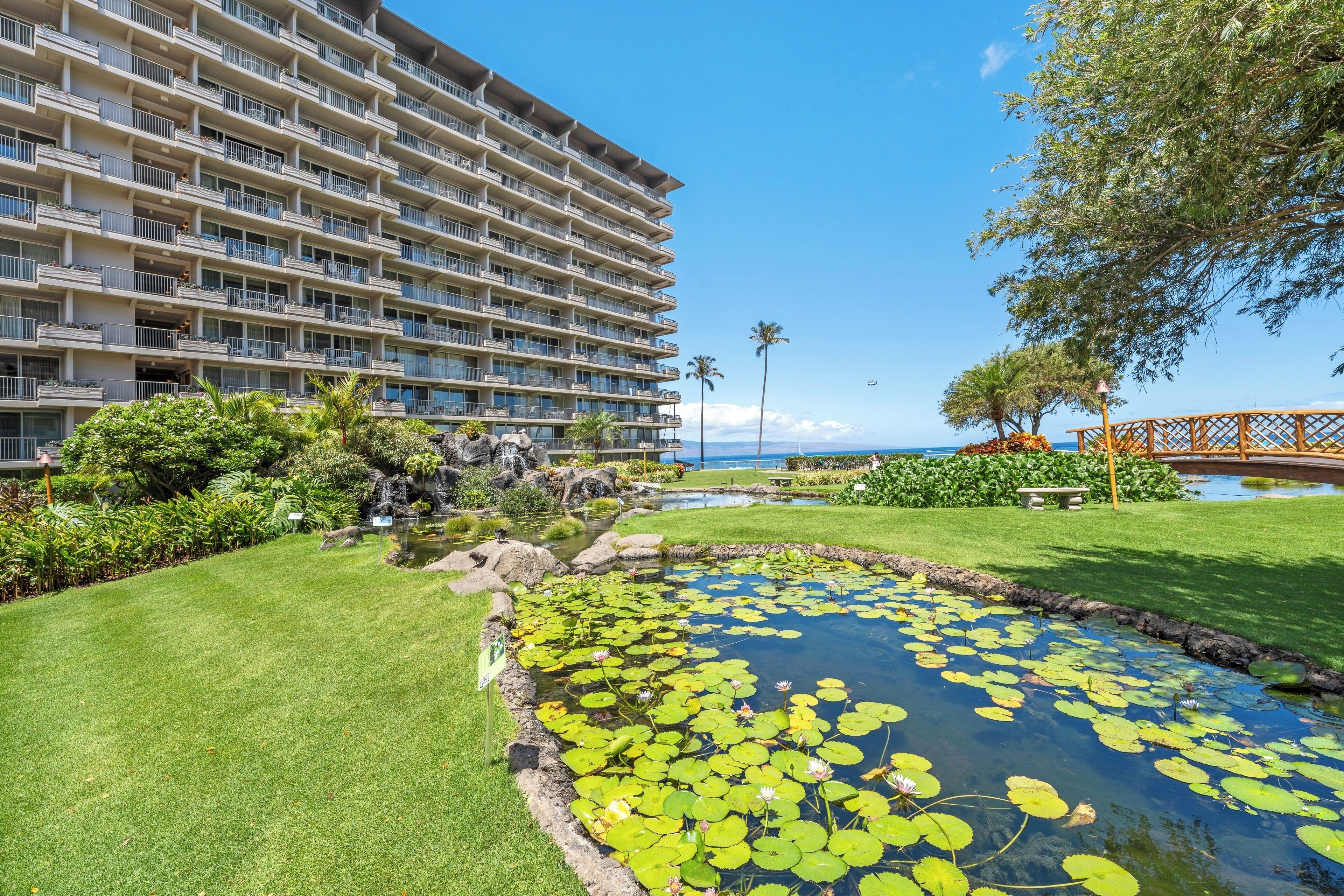 A hotel with multiple balconies, a pond with lily pads, and a view of the ocean.