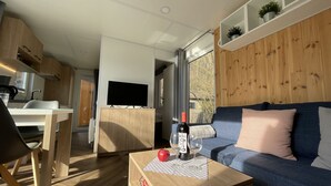 Un salon moderne avec un canapé, une table basse sur laquelle se trouvent une bouteille et des verres, et un téléviseur posé sur un meuble en bois.