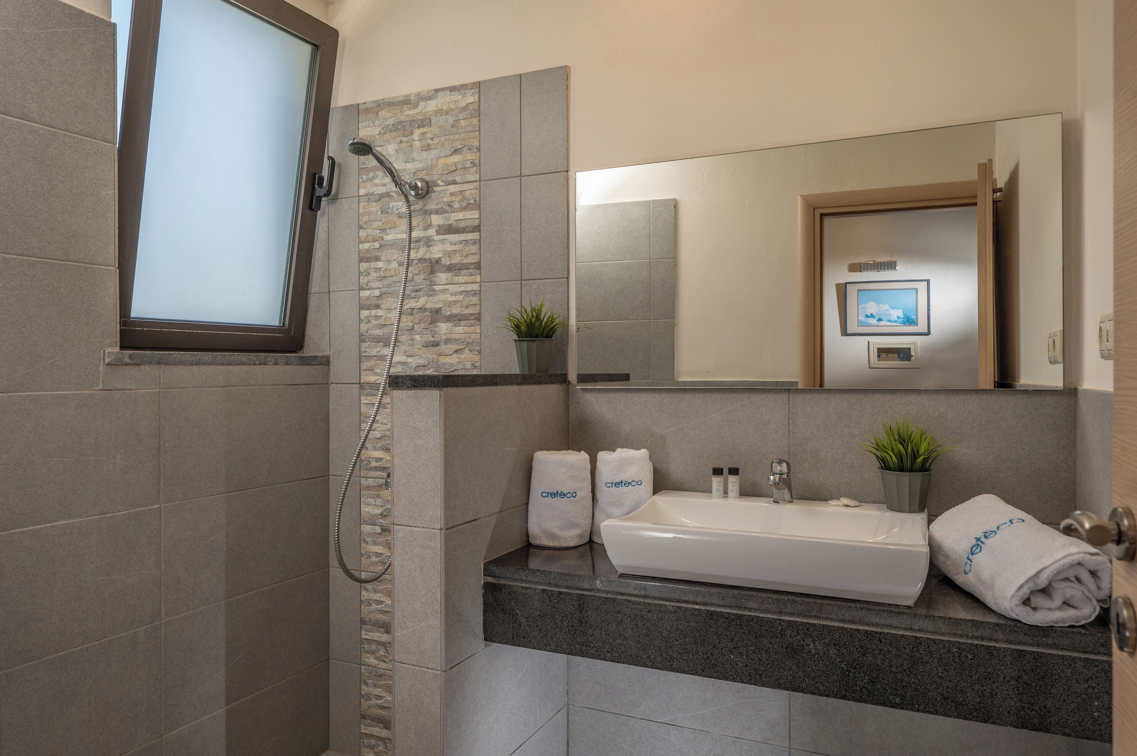 A modern bathroom with a shower, a sink, and a mirror.