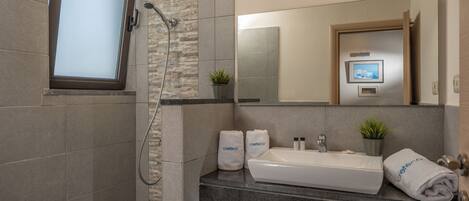 A modern bathroom with a shower, a sink, and a mirror.