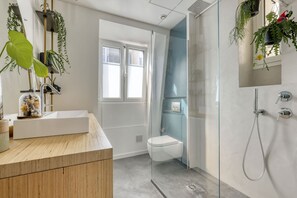 Shower, hair dryer, towels