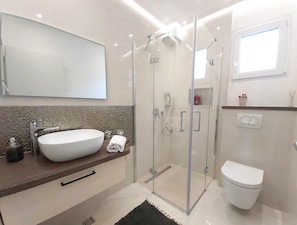 Shower, hair dryer, towels