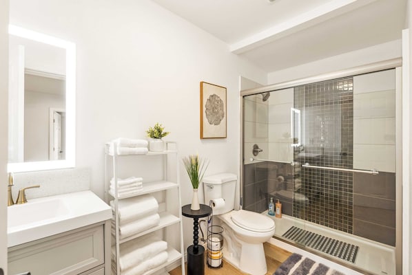 Shower, hair dryer, towels, soap