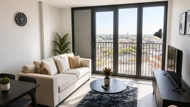 Un salon moderne avec un canapé, une table basse, un meuble pour la télévision et un balcon offrant une vue agréable.