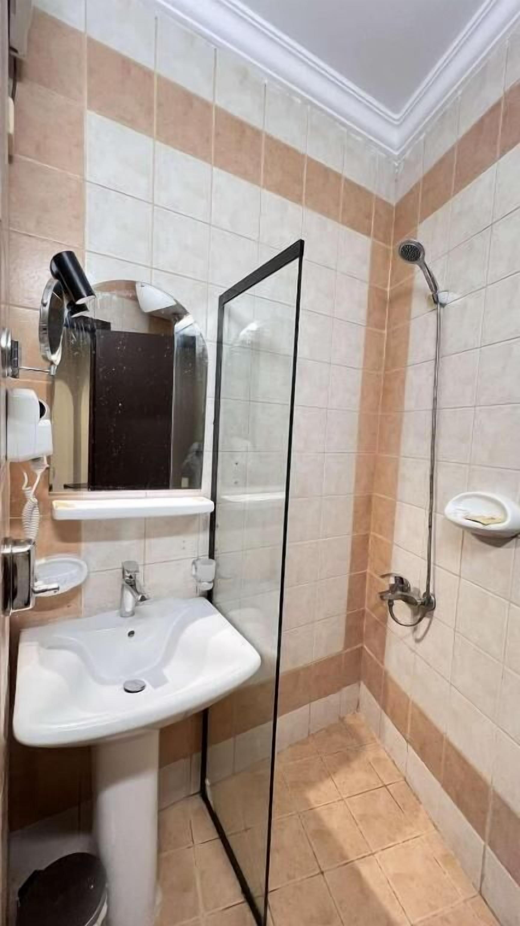 Shower, rainfall showerhead, hair dryer, slippers